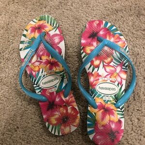 Havaianas Floral Print Flip Flops with Turquoise Straps 35-36 5-6